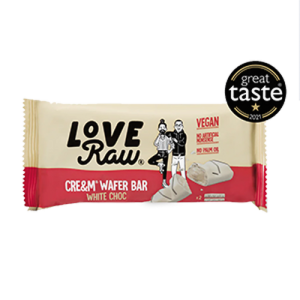 Barquillo Chocolate Blanco Relleno Crema Avellanas Love Raw, paquete de 33 g